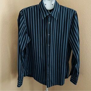 Hugo Boss Mens Dress Shirt Slim Fit Vertical Striped Blue Black Classic Size L.